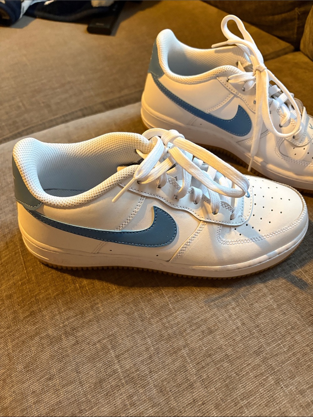 Nike Kids White Sneakers with Light Blue Swoosh